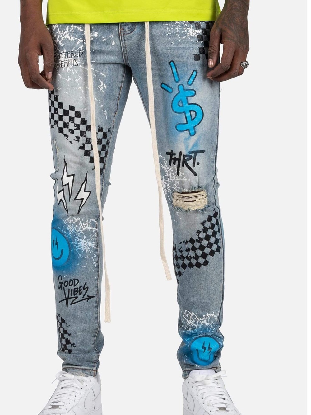 THRT slime Blue Men's Jeans with Blue Graphic Accents